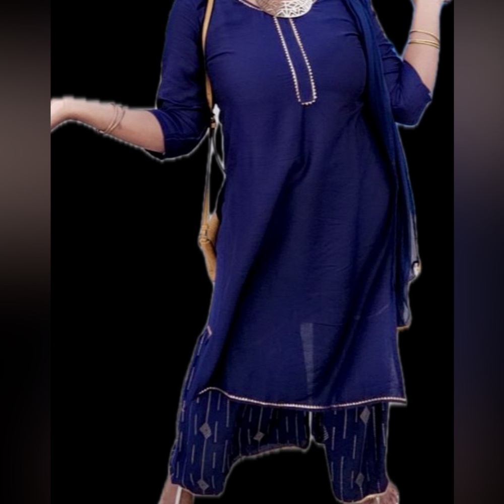 Blue and gold Festival Salwar pant Suit, with matching embroidered scarf.